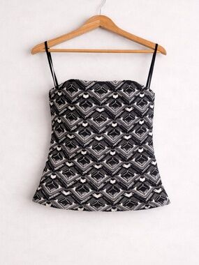 White House Black Market Strapless Bustier  Black White Graphic Tweed Sz 0 NWT